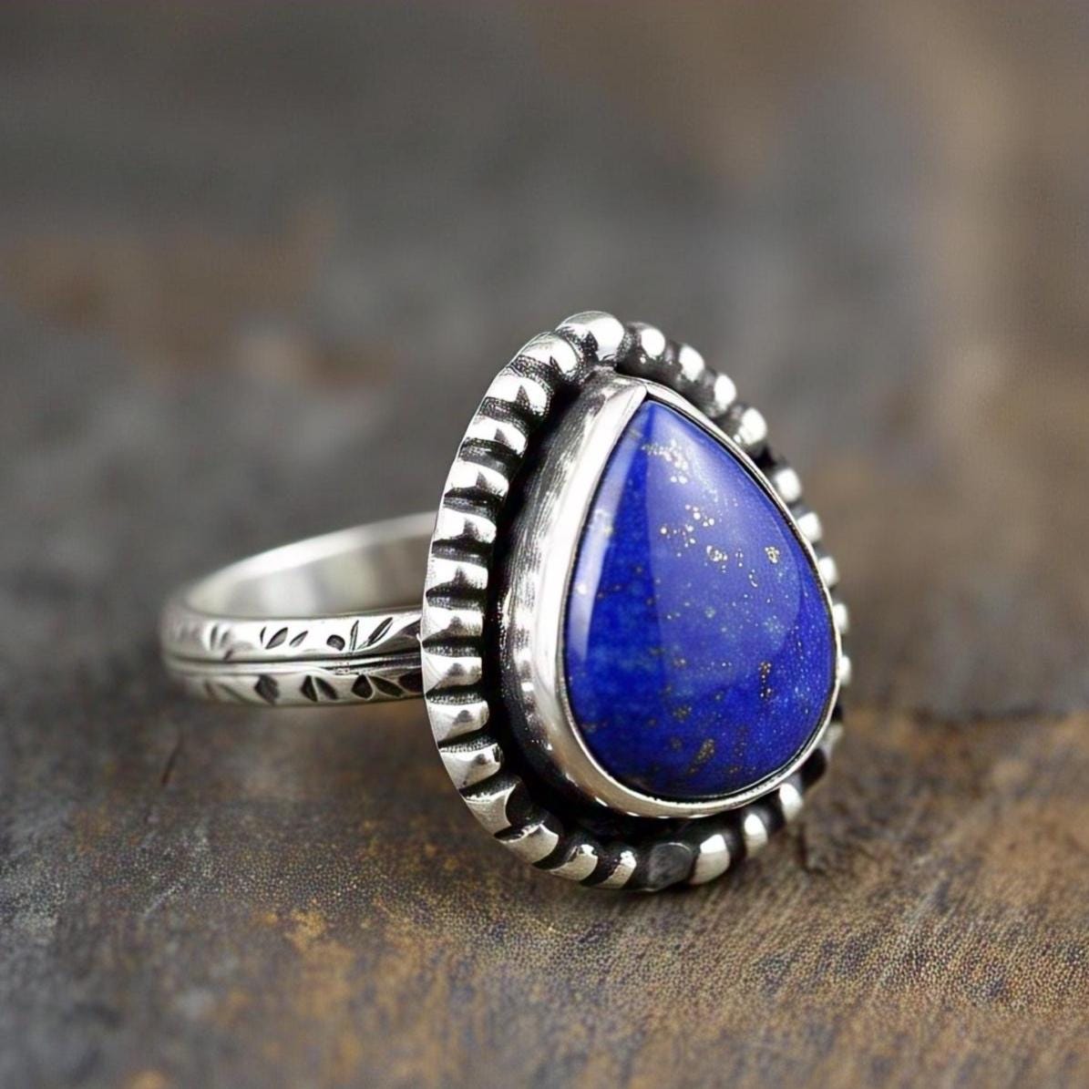 Lapis Lazuli Ring – Pear Gemstone in 925 Sterling Silver, Boho Natural Vintage-Inspired Bohemian Jewelry, Handmade Statement Gift for Her