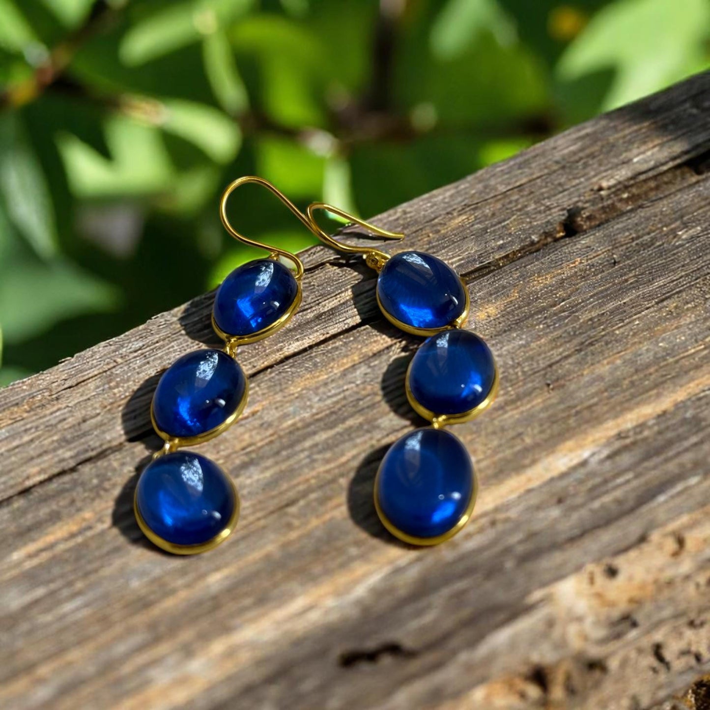 Handmade Boho Chic Gold Dangle Earrings – Triple Blue Oval Gemstone Statement Drop Earrings for Women.