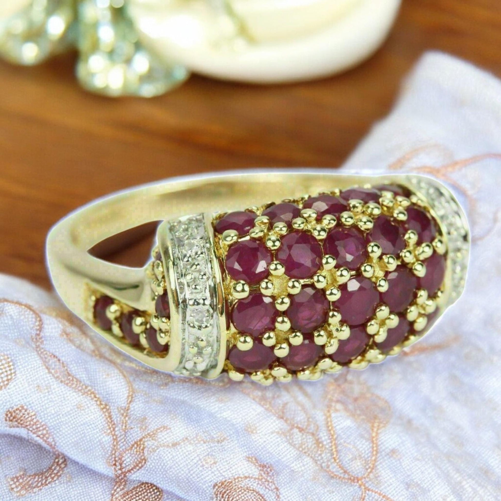 Vintage Style CZ Ruby Cluster Ring  Gold Plated Statement Cocktail Ring  Sparkling Red Gemstone Ring  Bold Party Jewelry for Women