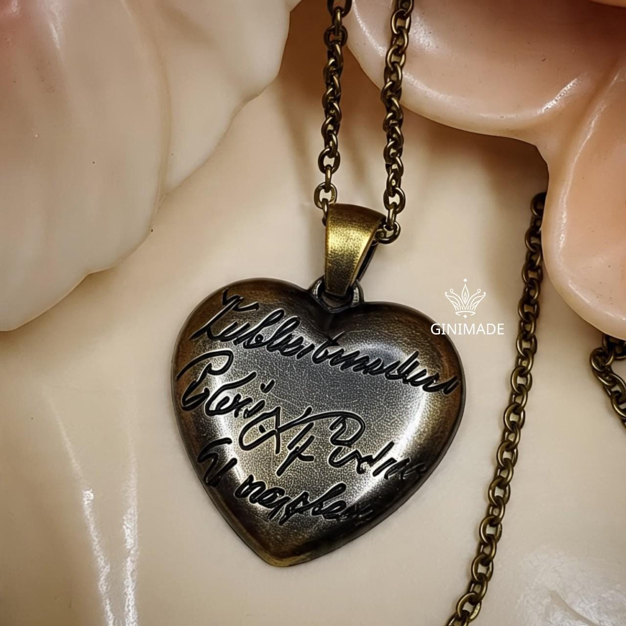 Custom Handwriting Heart Necklace – Black Oxidized Memorial Jewelry, Your Signature Engraved, Brass Heart Pendant –Personalized Couple Gift.