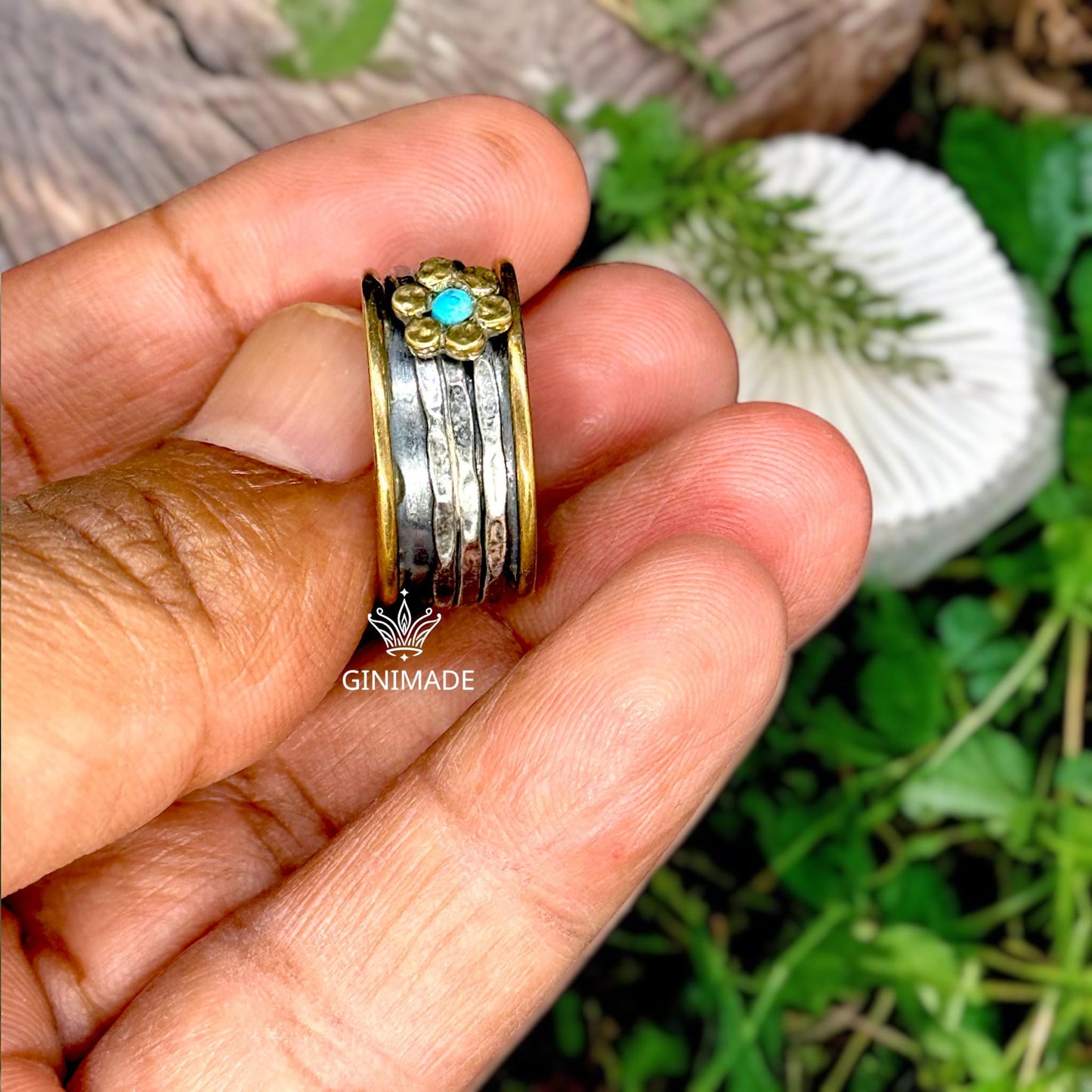 Handmade Mixed Metal Flower Ring | Sterling Silver & Brass Spinner Ring with Turquoise Stone | Boho Floral Statement Jewelry by GINIMADE
