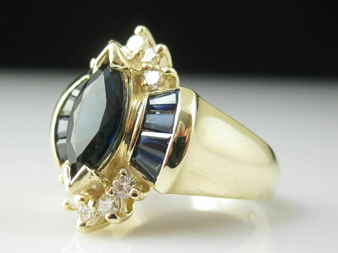 Vintage Simulated Marquise Blue Sapphire with CZ Diamond Ring in 18K Yellow Gold Plated 925 Silver