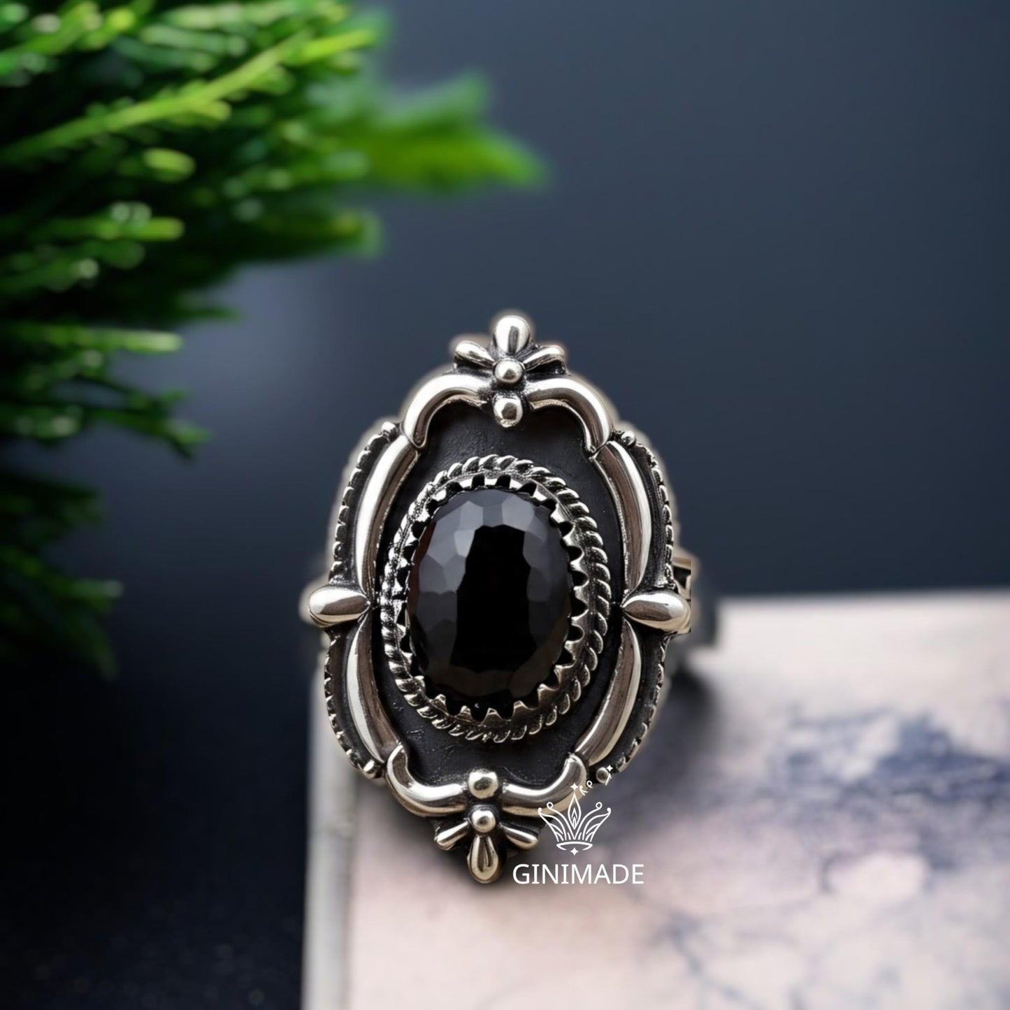 Black Onyx Ring 925 Sterling Silver • Vintage Boho  Ring • Gothic Oval Gemstone Jewelry • Handmade Oxidized Silver Ring for Women & Men.