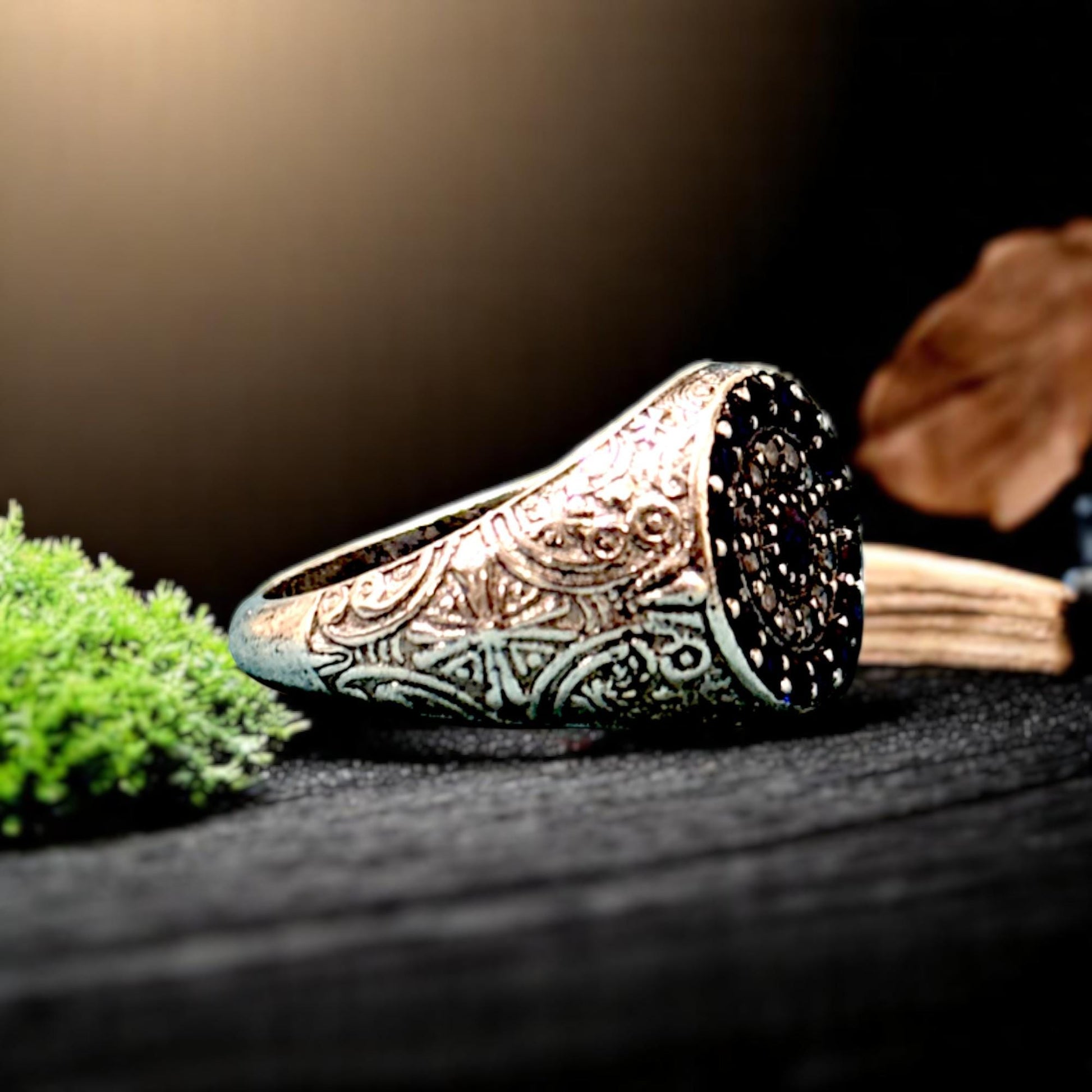 Boho Vintage Silver Ring for Men – Blue & White CZ Statement Signet with Engraved Details