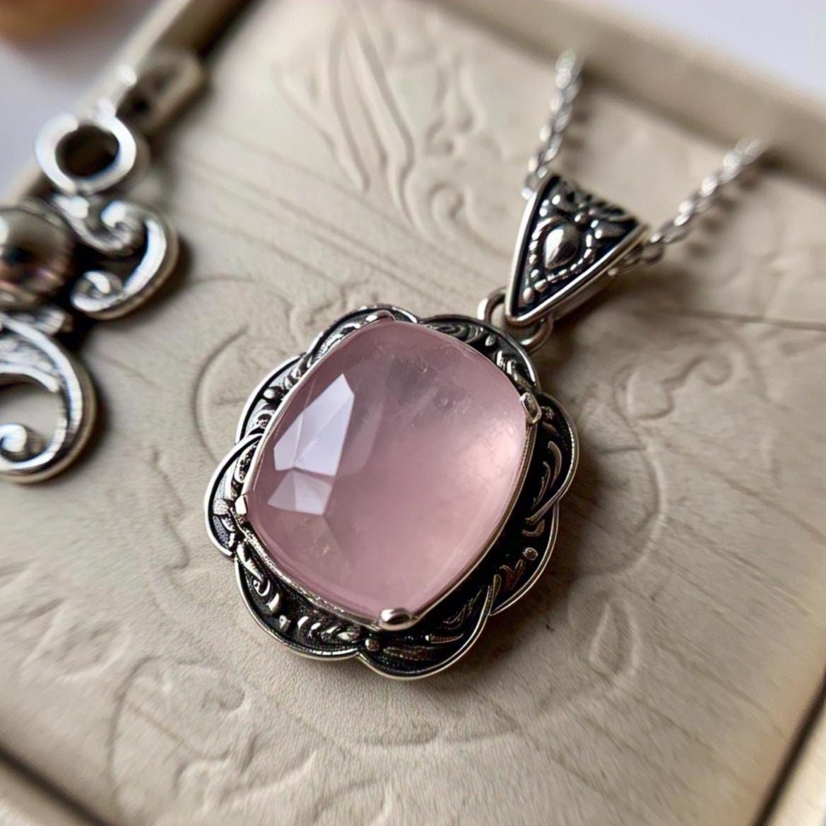 Rose Quartz Pendant Necklace, Boho Chic Jewelry, Sterling Silver, Gift for Her.