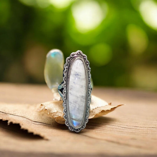Boho 925 Sterling Silver Moonstone Ring | Long Oval Statement Ring | Handmade Vintage Style Rainbow Moonstone Jewelry for Her