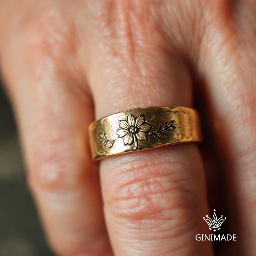 Custom Birth Flower Engraved Ring • Personalized Gold 8mm Wide Band Ring • Floral Birth Month Ring for Men and Women • Handmade Jewelry.