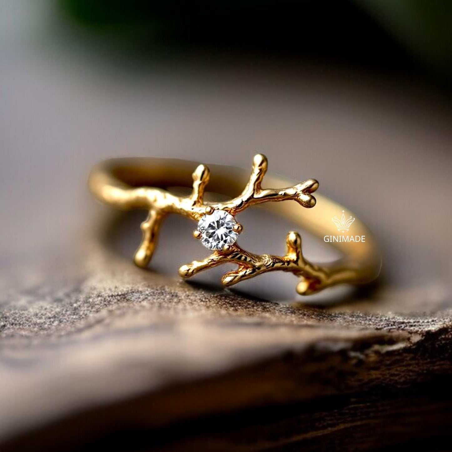 Gold Twig Branch Ring with CZ Diamond | Nature Inspired Gold Plated Band | Woodland Engagement Ring | Dainty Tree Branch Jewelry Gift