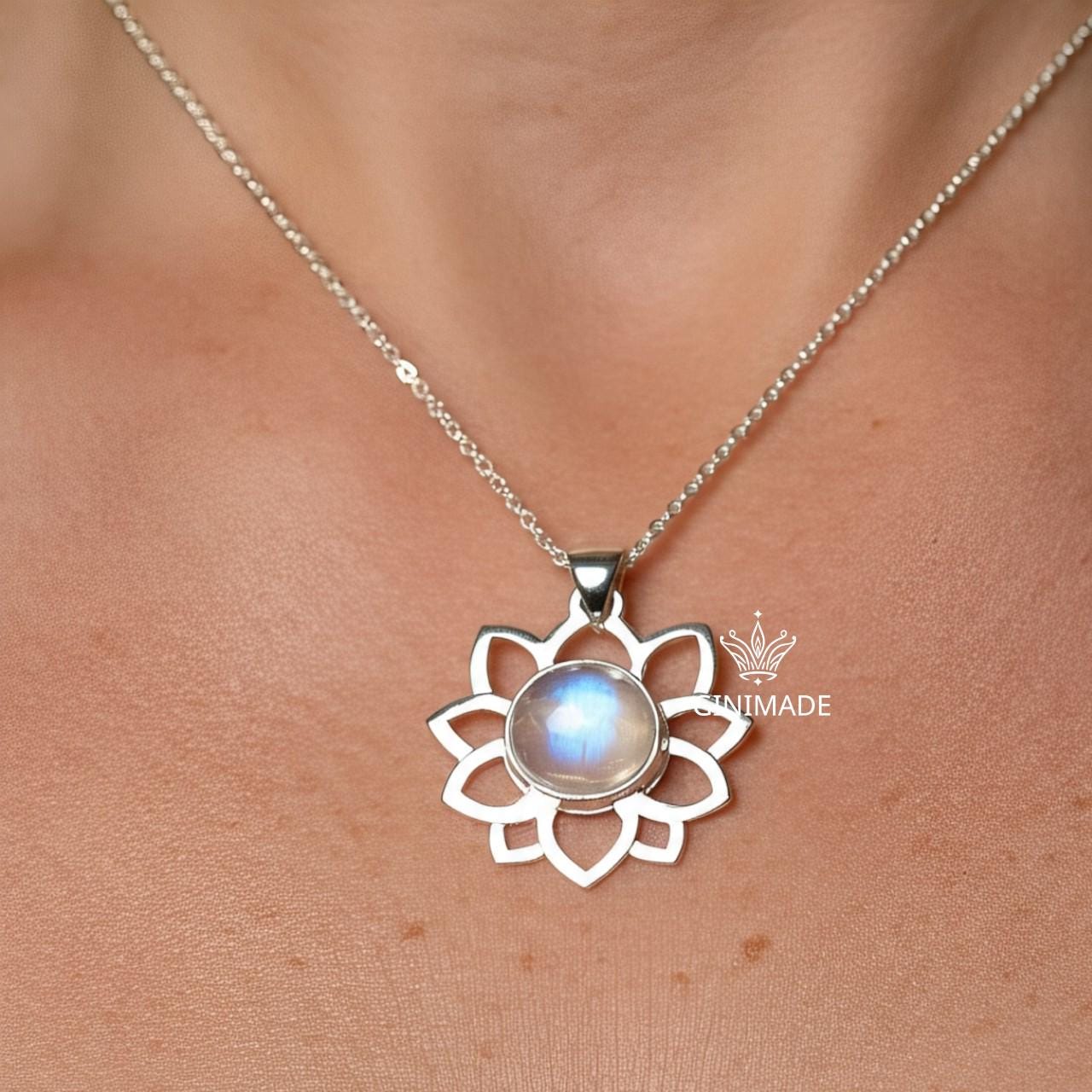 Moonstone Lotus Necklace, Silver or Gold Pendant Necklace, Handmade Jewelry for Women, Dainty Necklace Gift for Her, Spiritual Boho Jewelry