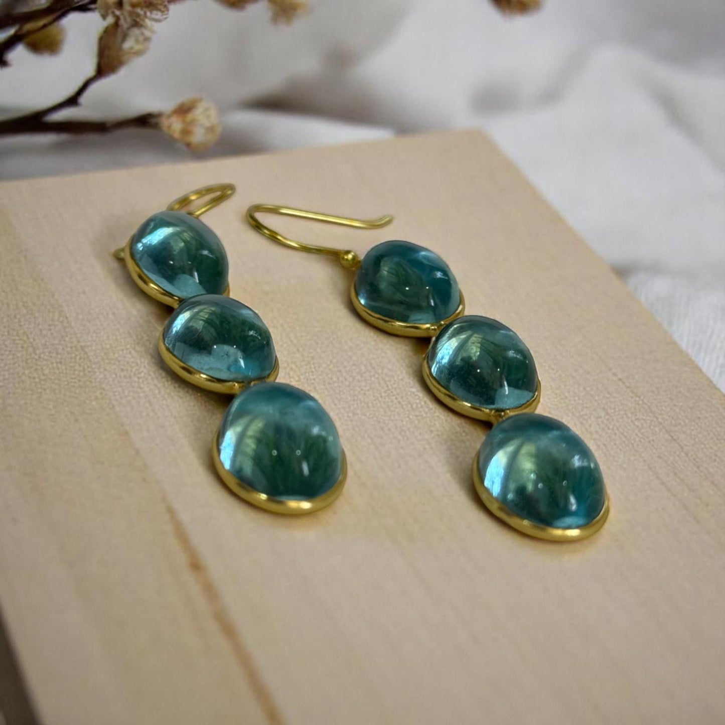 Lush Blue Drops – Handcrafted 3-Stone Brass Earrings – Bohemian Chic Dangle Jewelry for Her