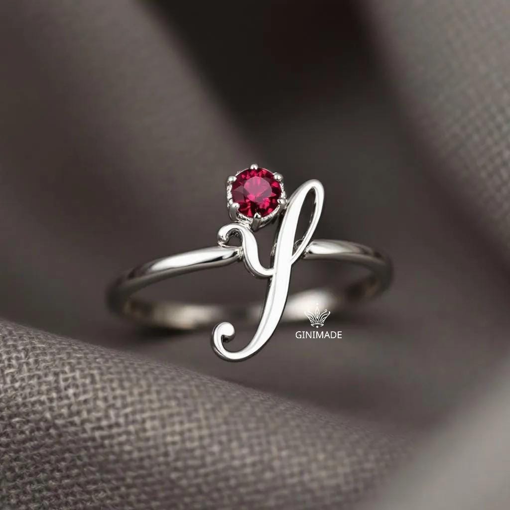 Custom Initial CZ Birthstone Ring • Personalized Name Ring • Dainty Stacking Ring • Graduation Gift •Gift for Her•Bridesmaid Jewelry