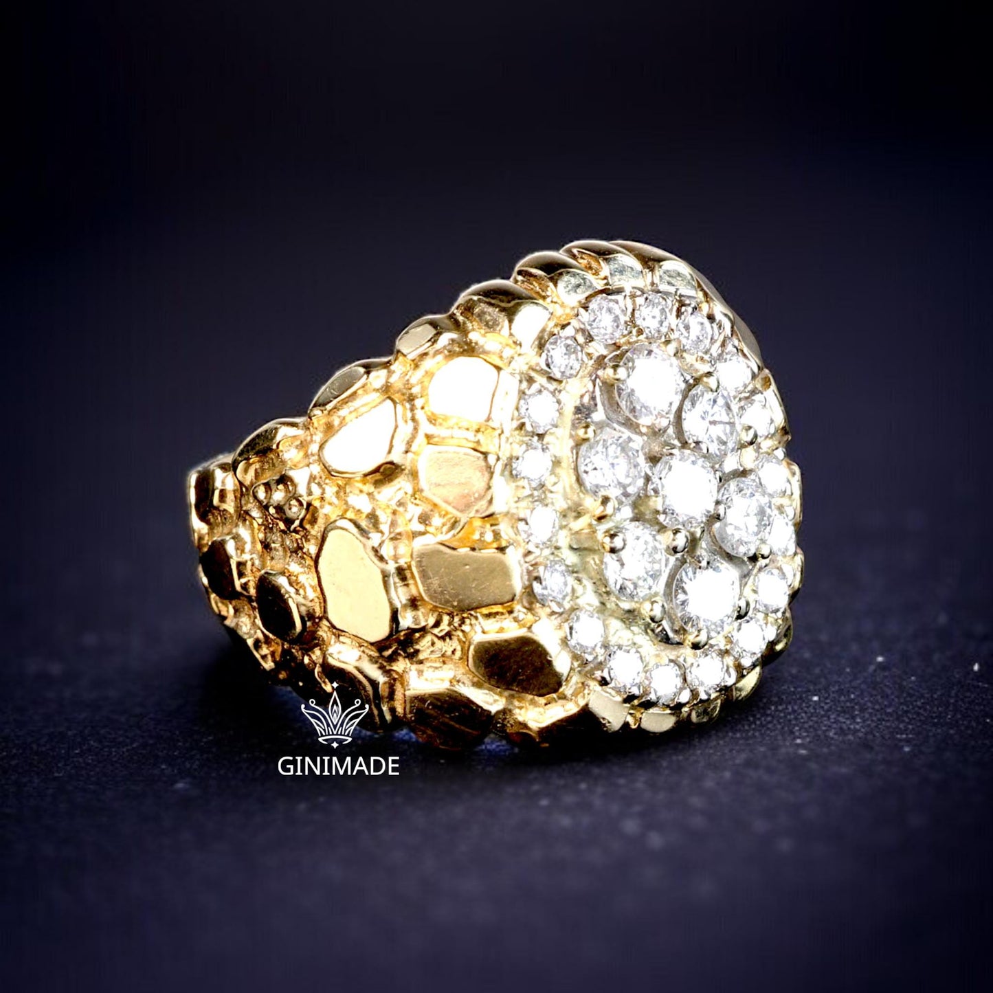 Gold Nugget CZ Ring – Oval Cluster Statement Ring for Men – 18K Gold Plated Hip Hop Bling Ring – Vintage Style Iced Out Ring by Ginimade