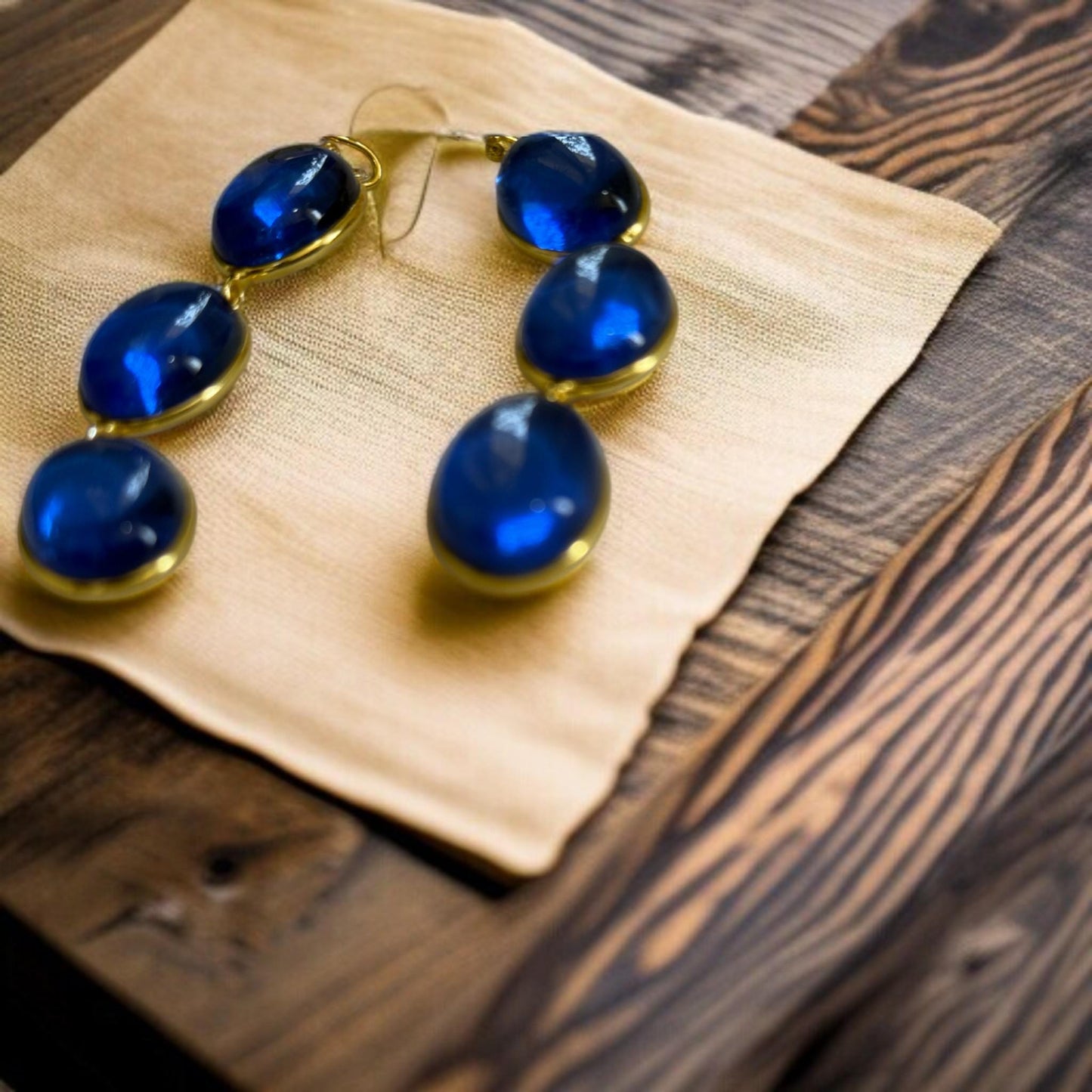 Handmade Boho Chic Gold Dangle Earrings – Triple Blue Oval Gemstone Statement Drop Earrings for Women.