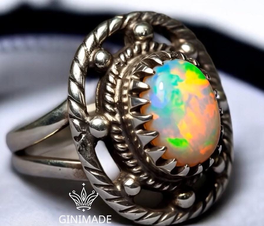 Bold Fire Opal Ring | Sterling Silver Vintage Boho Ring | Handmade Rainbow Opal Statement Jewelry for Her
