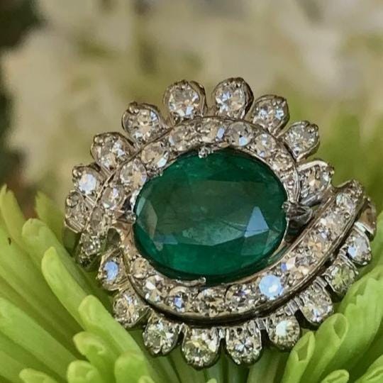 Genuine Natural Emerald CZ Diamond Ring, 925 Sterling Silver