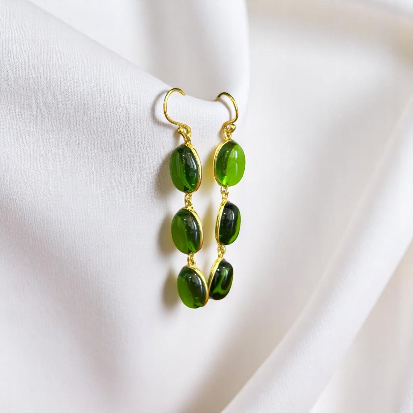 Lush Green Drops – 3-Stone Brass Earrings – Handcrafted Bohemian Chic.
