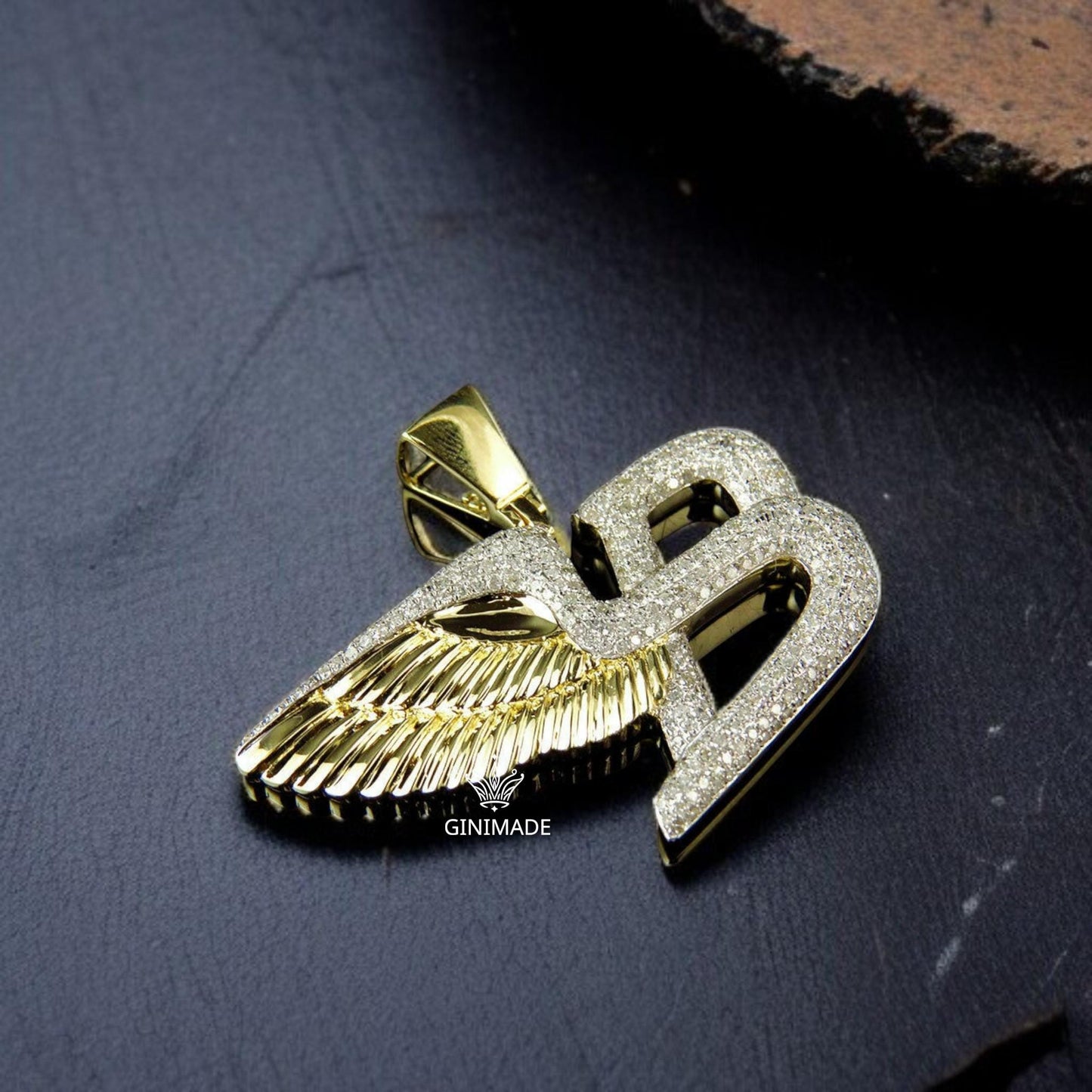 Custom Gold Initial B Pendant with Angel Wing – Iced Out Letter Charm Necklace for Men & Women.