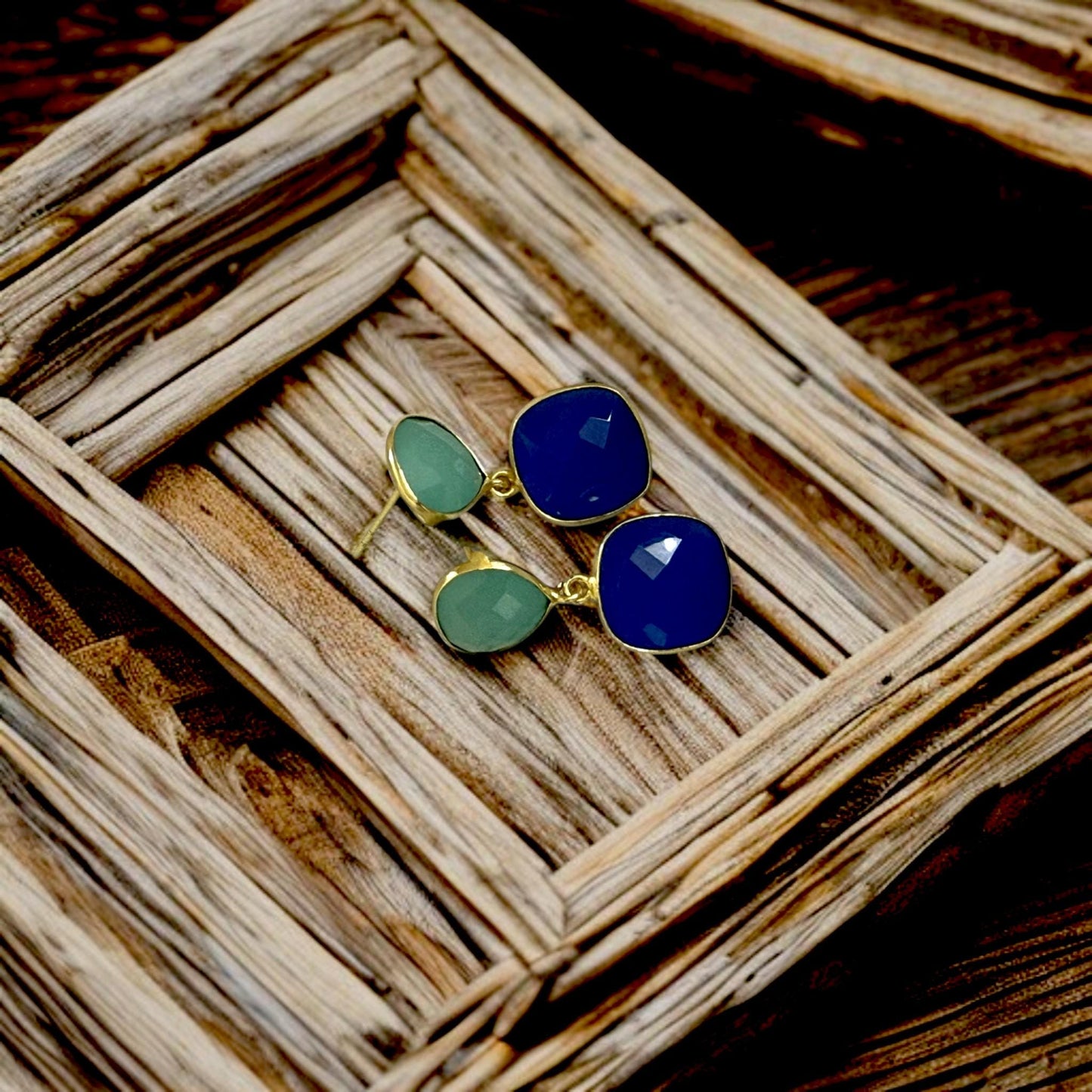 Minimalist Green & Blue Gemstone Earrings | Handmade Gold Plated Dangle Earrings | Brass Drop Jewelry Gift for Her