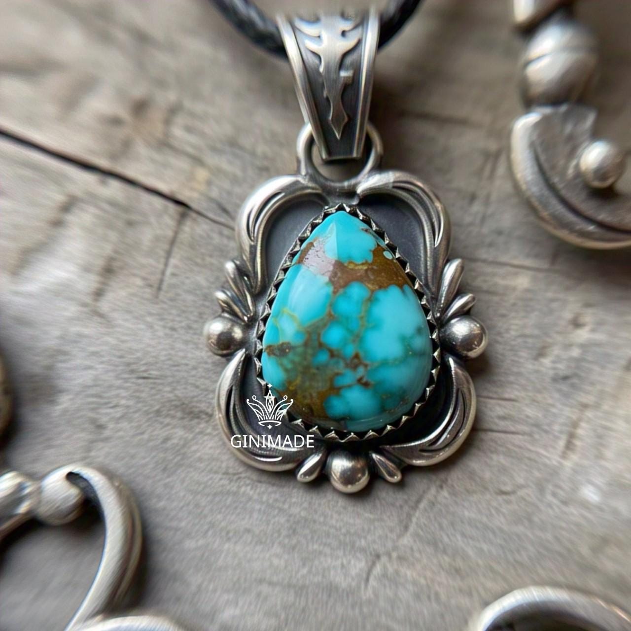Copper turquoise Pendant Pear – 925 Sterling Silver Boho Necklace, Natural Gemstone Jewelry, Handmade Vintage Gift for Her