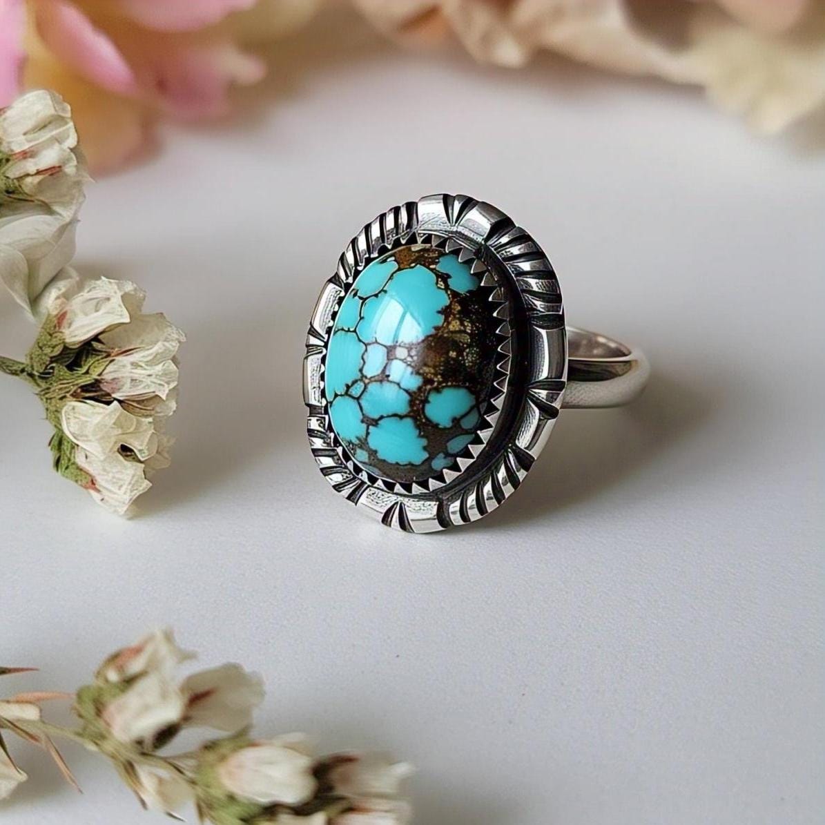 Copper turquoise Rings 925 Sterling Silver – Boho Oval Gemstone Ring with CZ Accents, Vintage Bohemian Jewelry