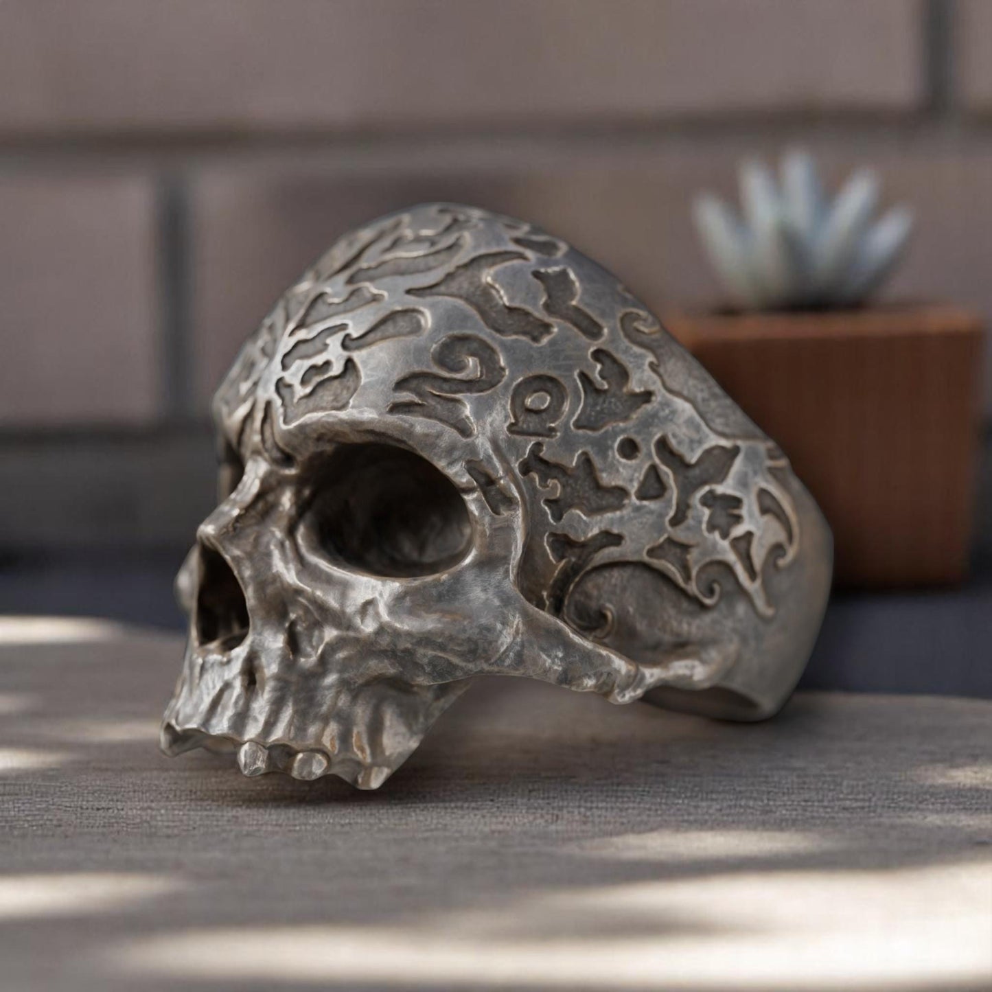 Oxidized Skull Ring – 925 Sterling Silver Gothic Ring | Men's Patterned Skull Band | Dark Aesthetic Unisex Jewelry. fathers day gift