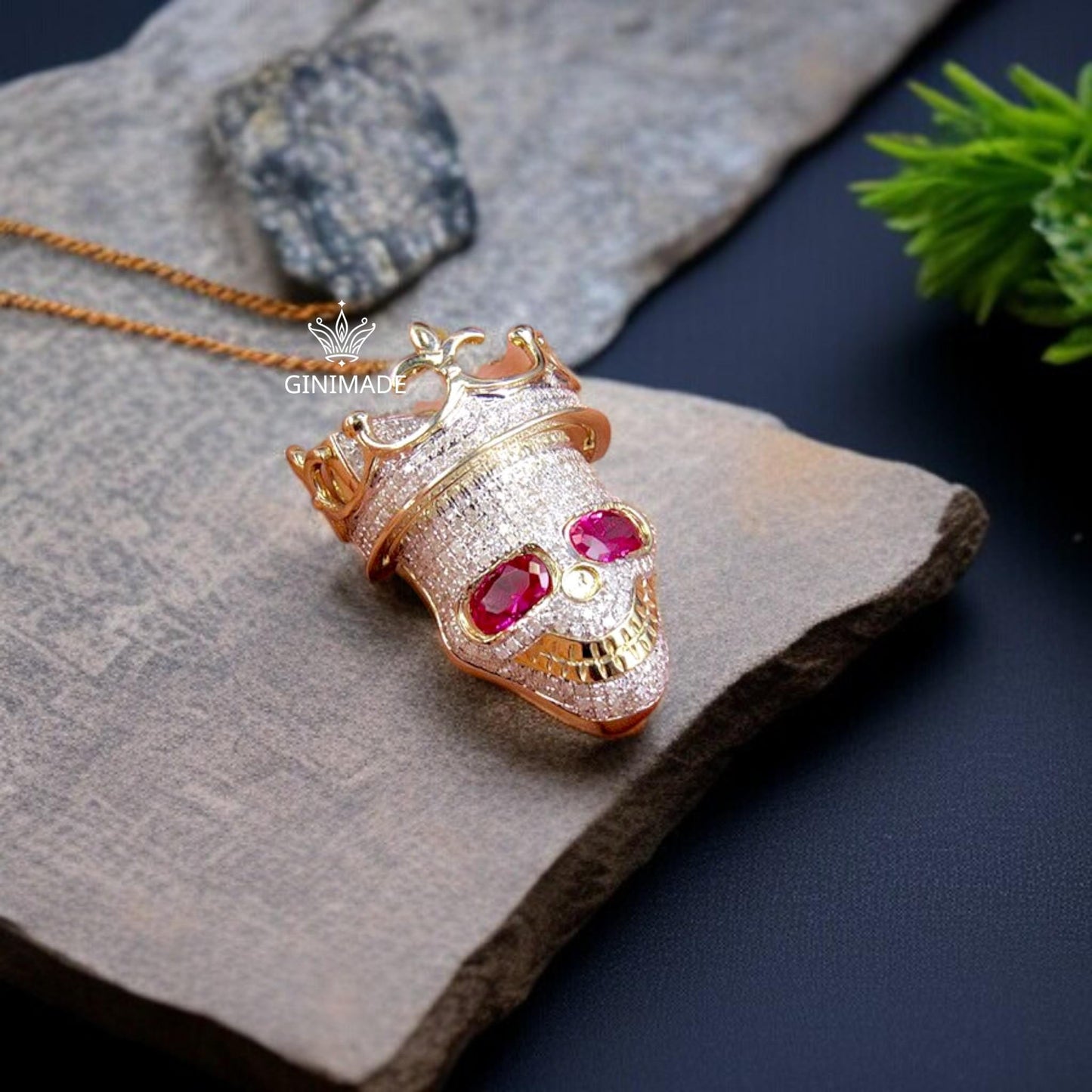 Crowned Skull Pendant with Ruby Eyes – Iced Out Hip Hop Jewelry for Men, Statement Bling Pendant by GINIMADE