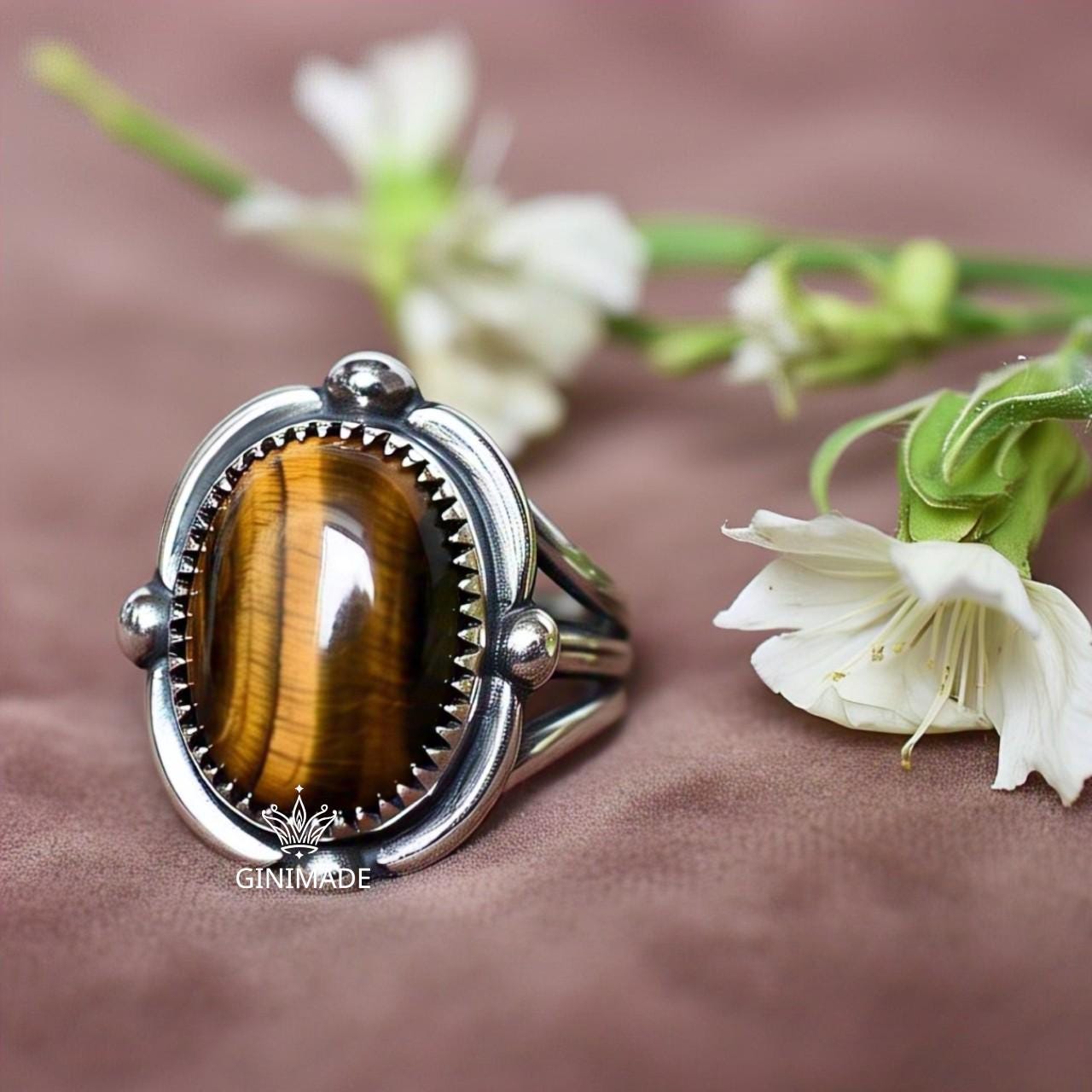 Tiger Eye Ring in Oxidized Sterling Silver – Boho Statement Ring for Men & Women | Vintage Oval Crystal Jewelry.