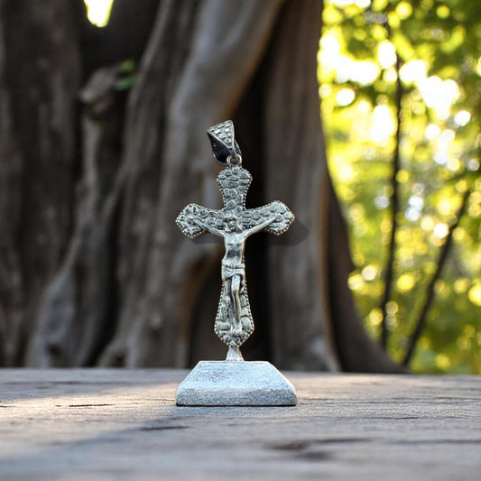 Handmade Brass Cross Pendant with Oxidized Silver Finish – Textured Crucifix Religious Jewelry for Men & Women.