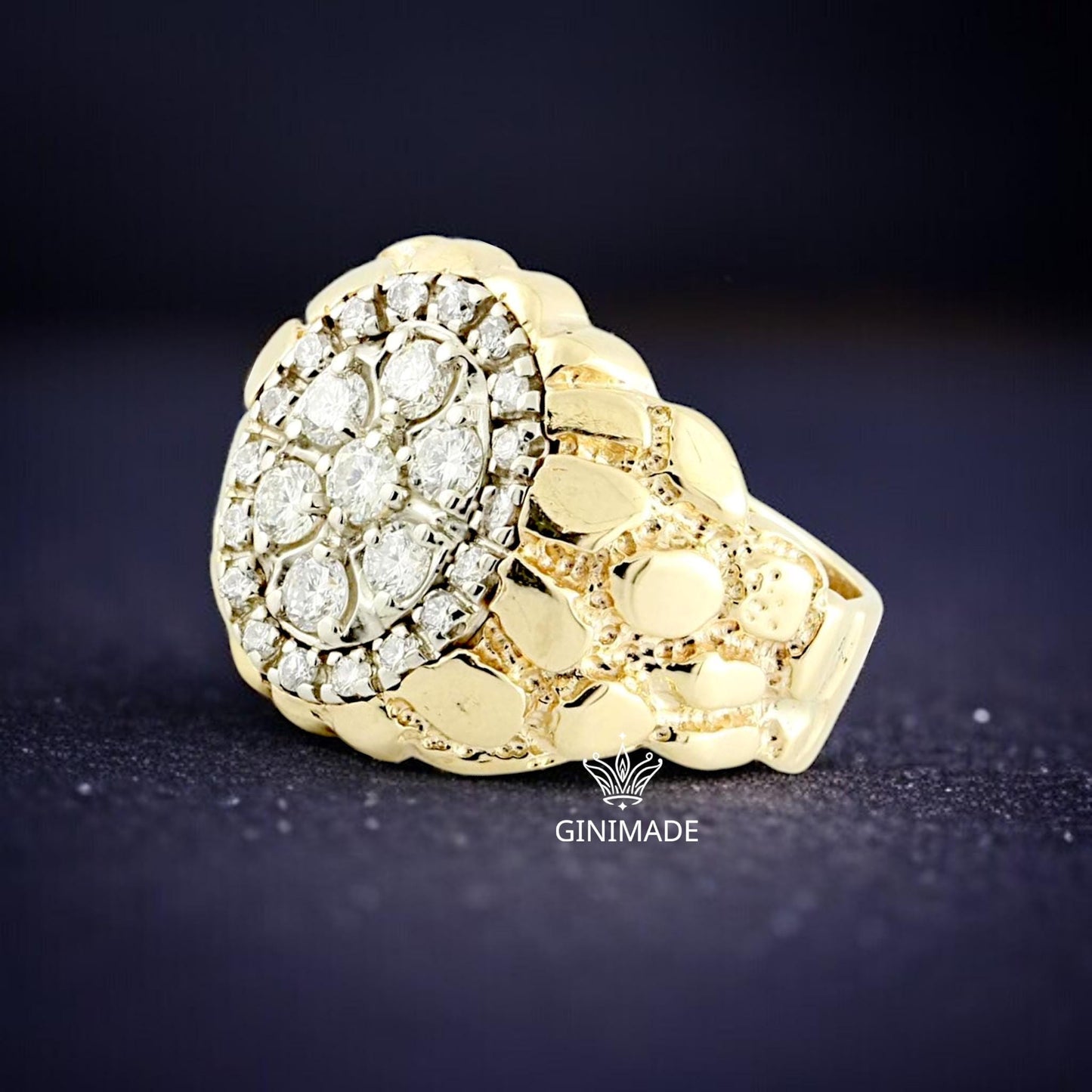 Gold Nugget CZ Ring – Oval Cluster Statement Ring for Men – 18K Gold Plated Hip Hop Bling Ring – Vintage Style Iced Out Ring by Ginimade