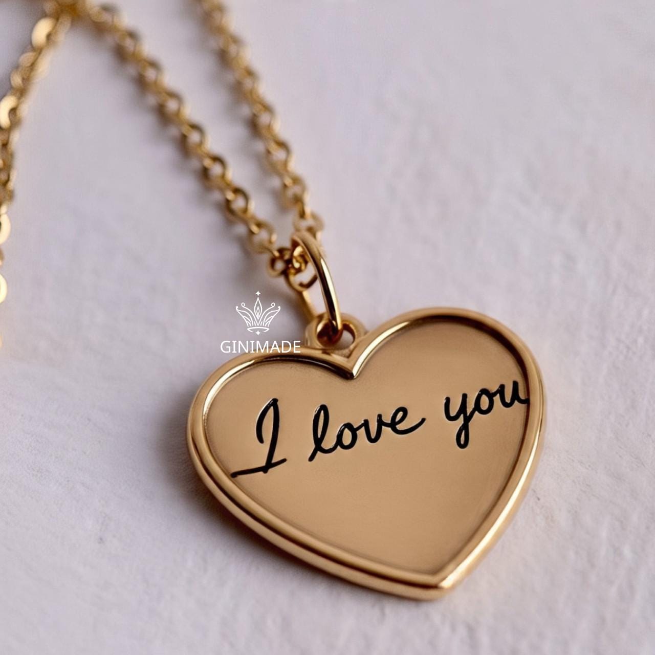 Custom Handwriting Heart Necklace • Memorial Signature Jewelry • Personalized Gold Engraved Necklace • Actual Handwriting Gift for Her