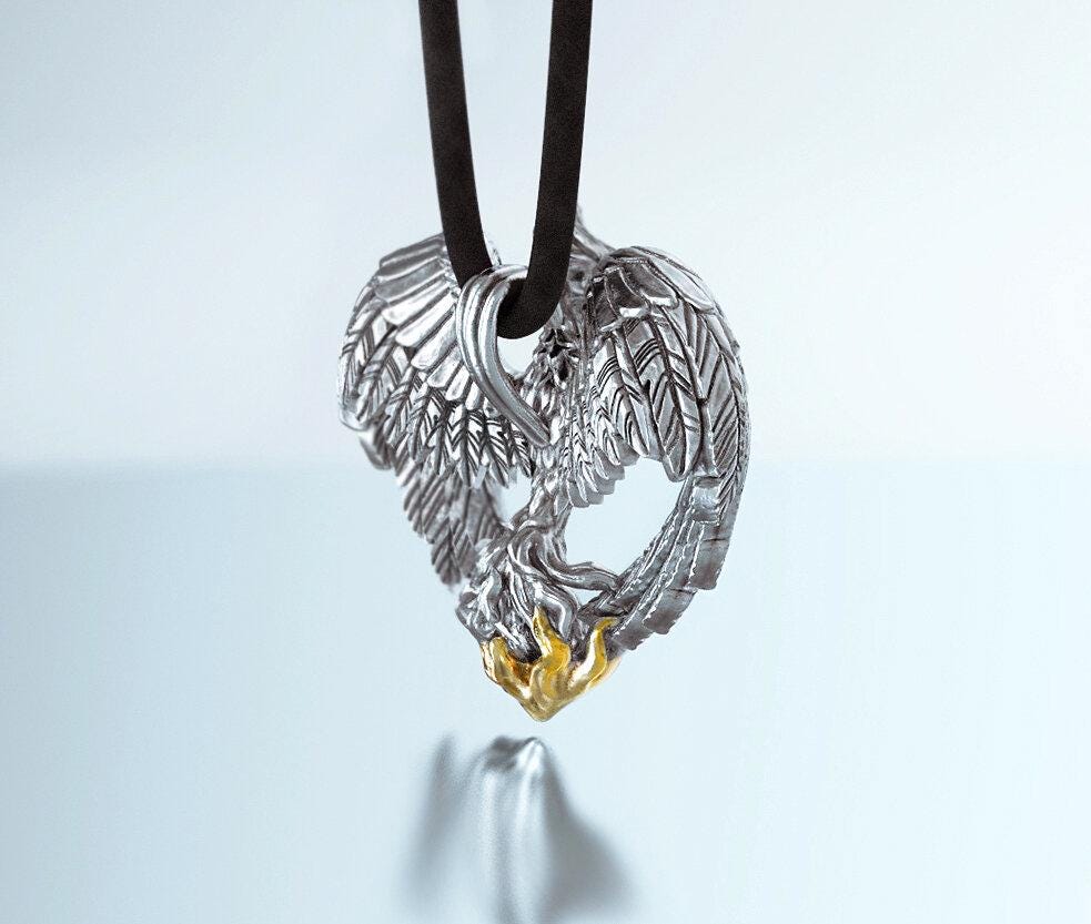 Phoenix Rising Pendant Necklace | Sterling Silver Phoenix with Golden Flames | Rebirth & Strength Jewelry | Gift for Him and her | GiniMade