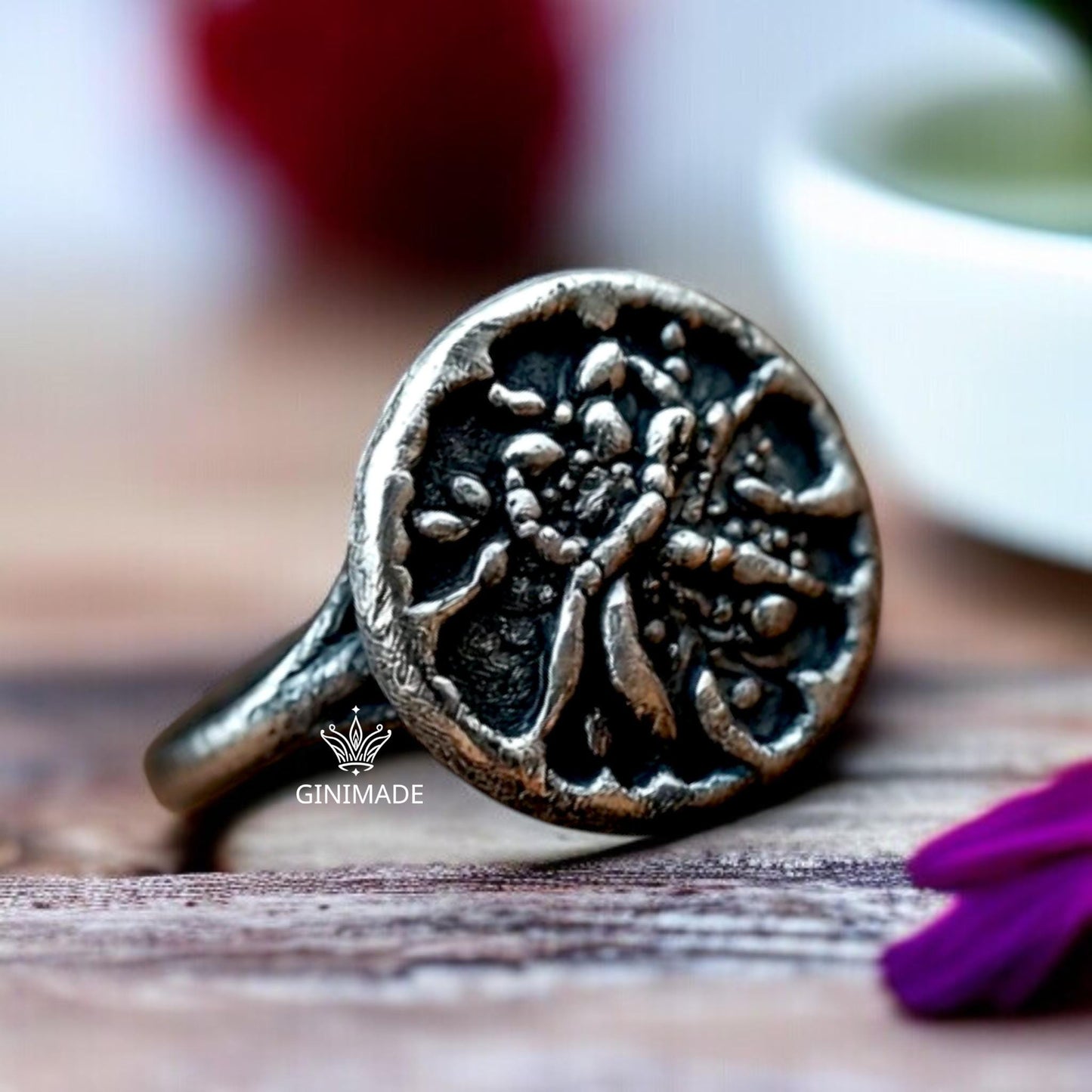 Unique Silver Ring – Handmade Rustic Botanical Ring – One of a Kind Oxidized Flower Ring – Artisan Round Nature Ring by Ginimade