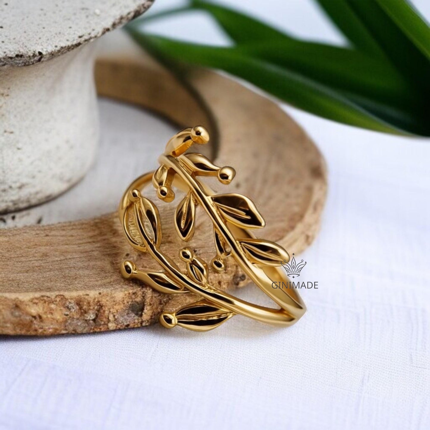 Gold Leaf Branch Ring for Women | Dainty Nature Ring | Shiny Gold Plated Vine Ring | Minimalist Botanical Jewelry Gift