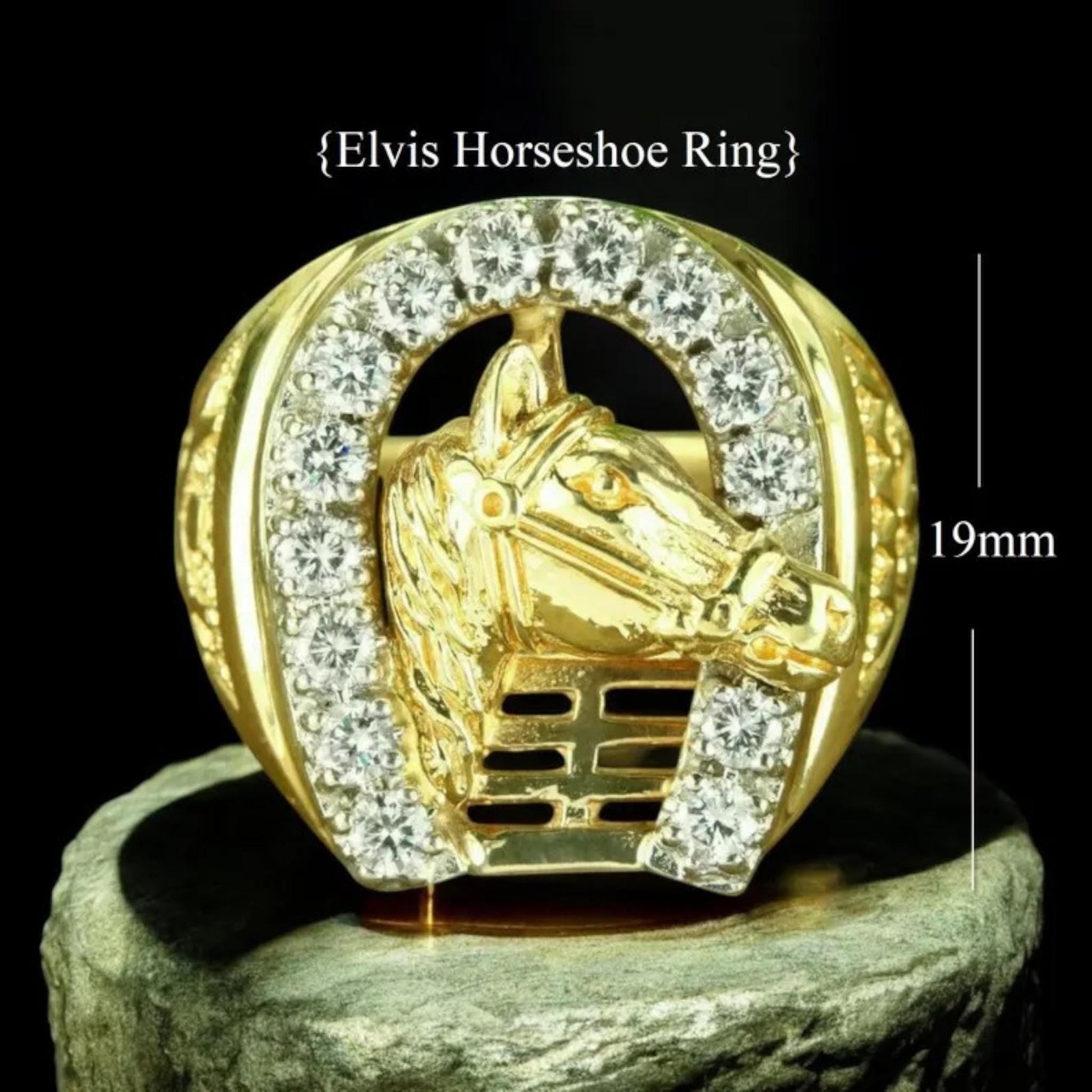 Personalized Elvis Horseshoe Ring – 925 Sterling Silver, Gold Plated, CZ Diamond Accents, Lucky Horse Jewelry, Western Statement Ring