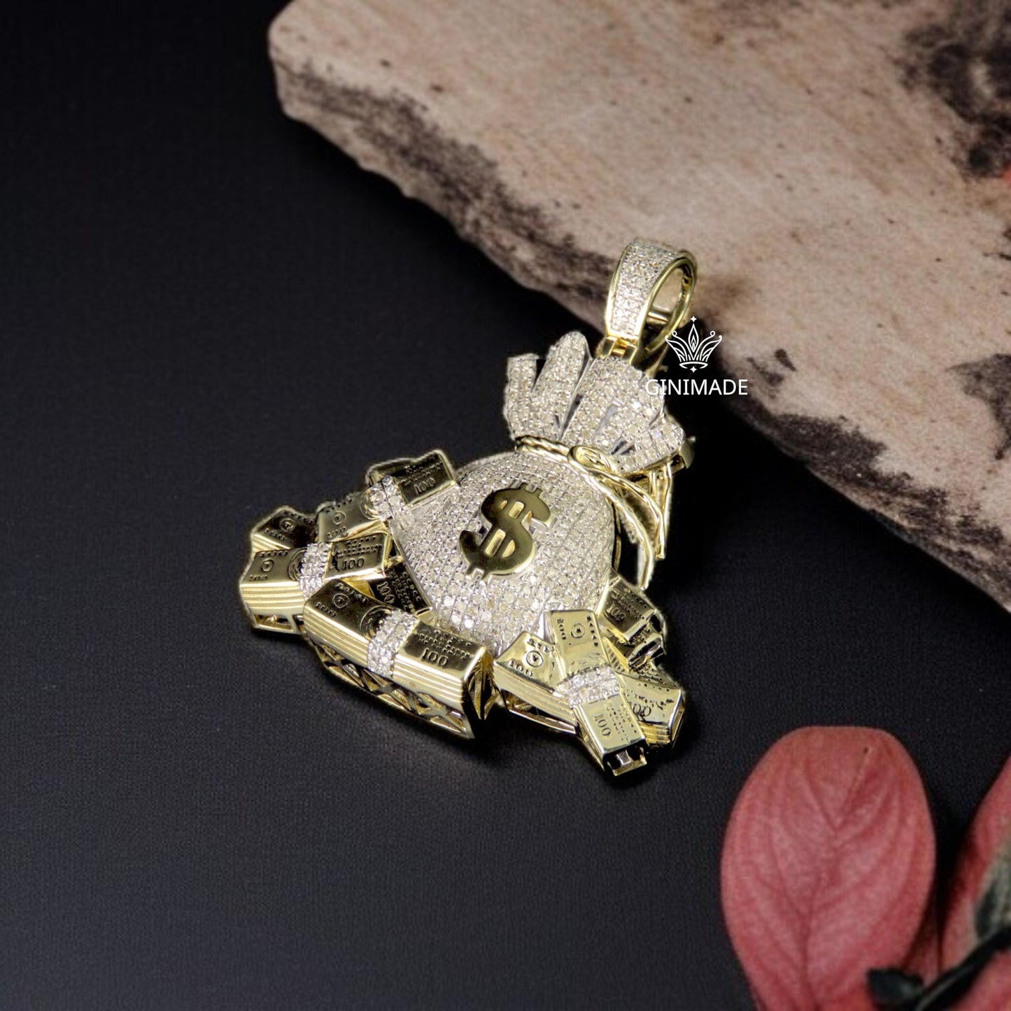 Money Bag Pendant with Dollar Sign – Iced Out Gold & Diamond Simulated Hip Hop Necklace | Statement Jewelry for Men