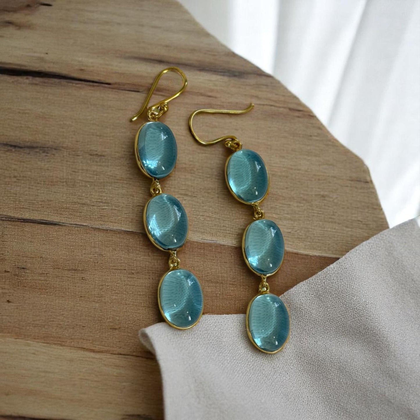 Lush Blue Drops – Handcrafted 3-Stone Brass Earrings – Bohemian Chic Dangle Jewelry for Her