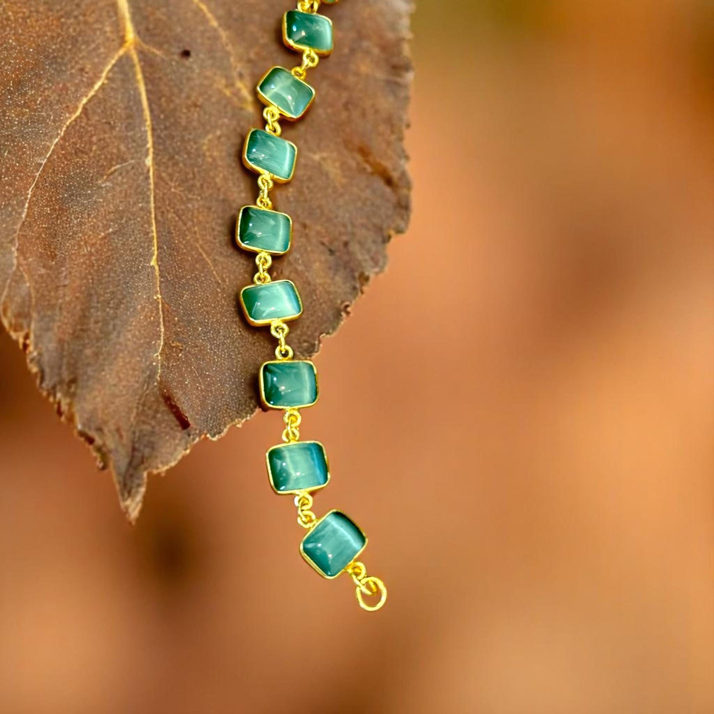 Dainty Handmade Bracelet for Women – Green Glass Stone Jewelry – Gold-Plated Brass Bracelet – Minimalist Gift for Her