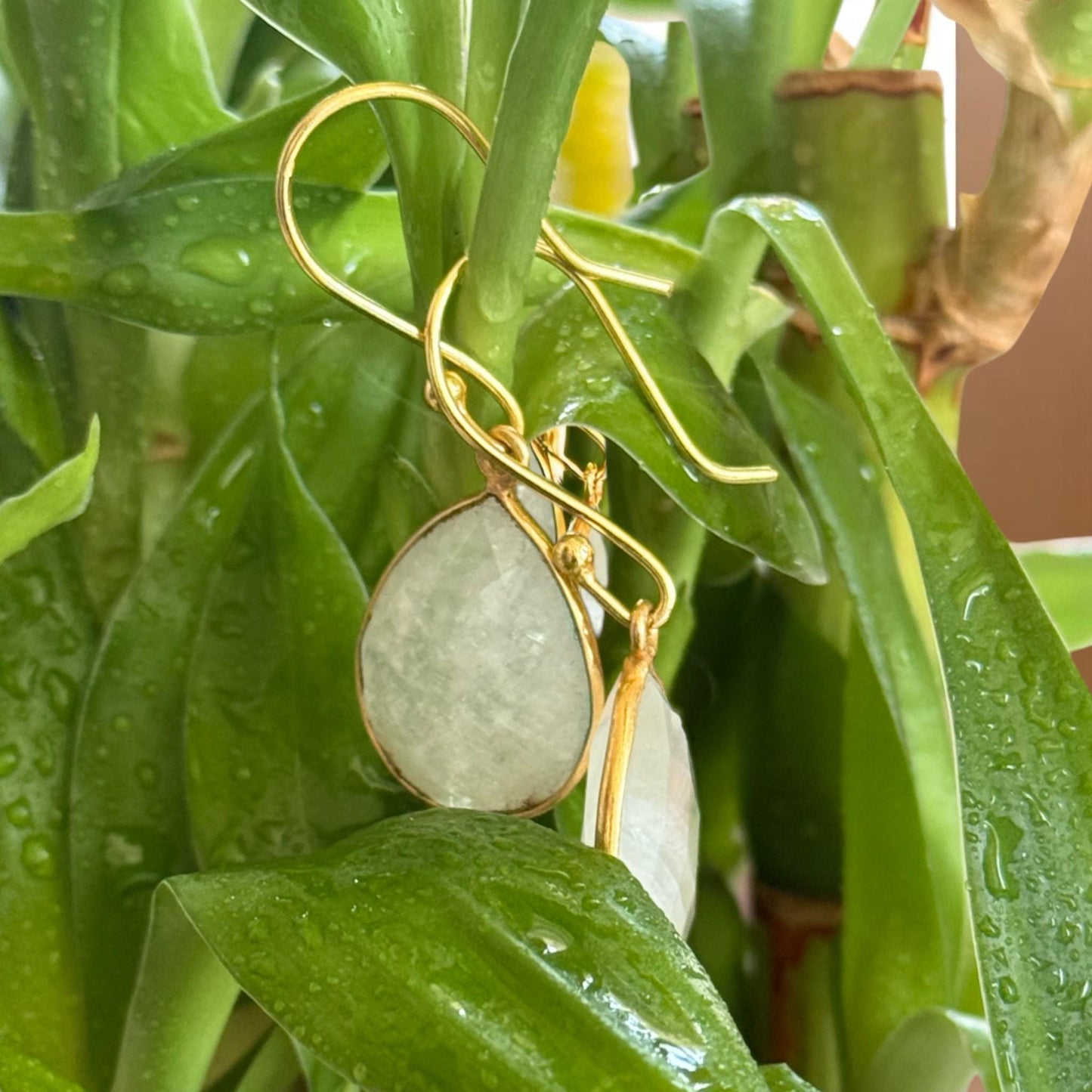 Moonstone Teardrop Earrings – Handmade 18K Gold Plated Dangle Earrings, Elegant Boho Jewelry for Women, June Birthstone Gift |Faceted