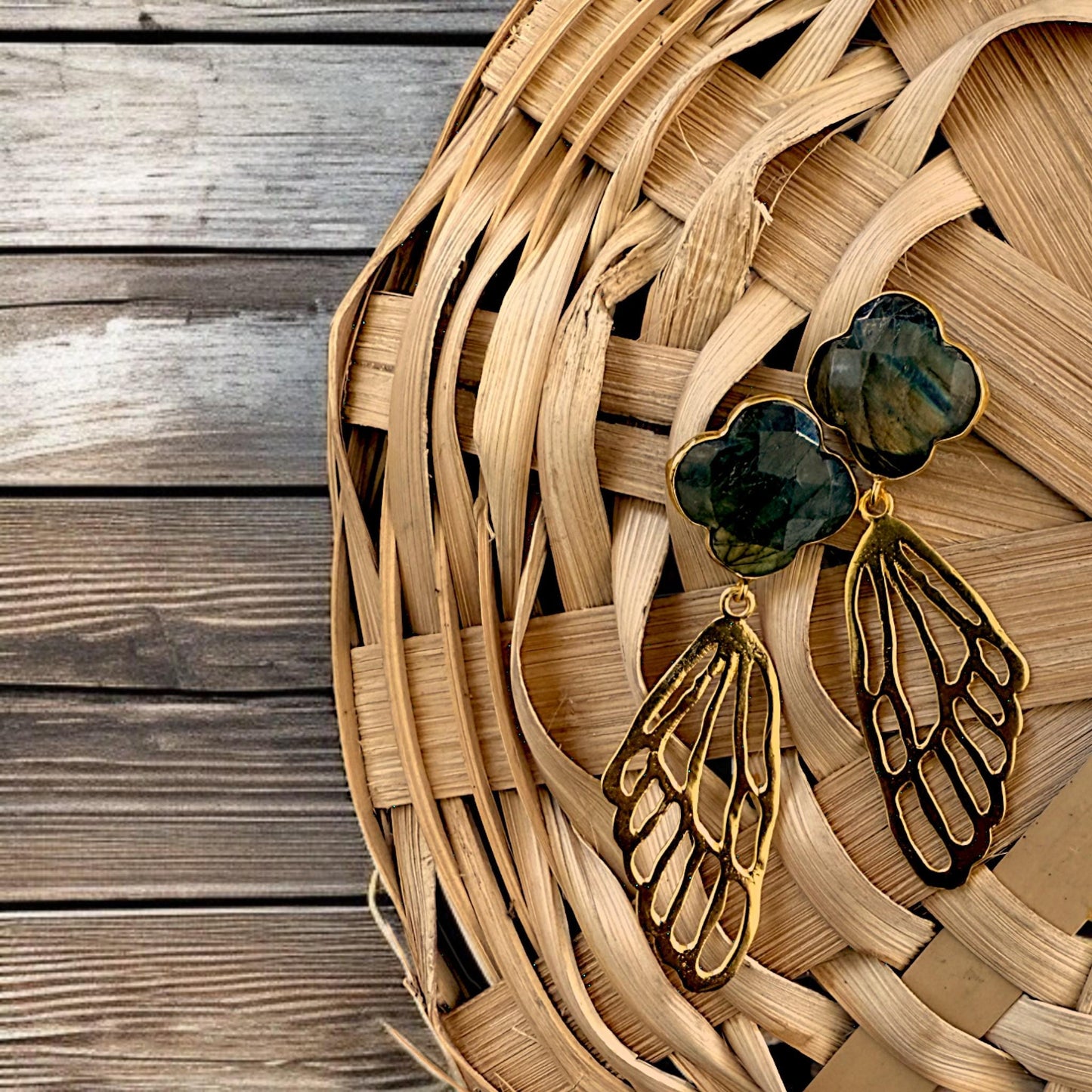 Labradorite Brass Butterfly Wing Earrings – Handmade Gold Plated Statement Dangle Earrings – Nature Inspired Boho Jewelry Gift for Her.