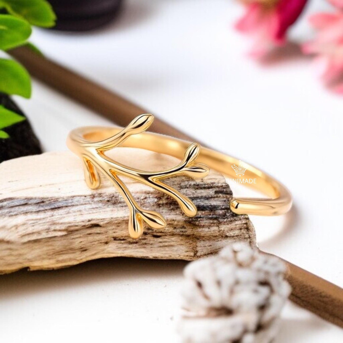 Adjustable Gold Leaf Branch Ring | Dainty Nature Inspired Ring for Women | Minimalist Botanical Jewelry Gift | Gold Plated Twig Ring