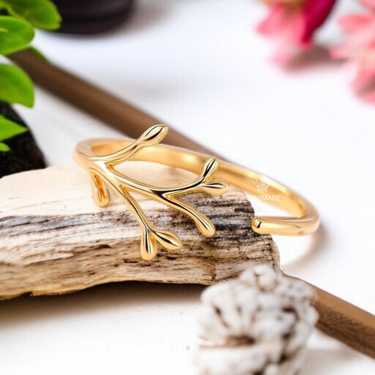 Adjustable Gold Leaf Branch Ring | Dainty Nature Inspired Ring for Women | Minimalist Botanical Jewelry Gift | Gold Plated Twig Ring