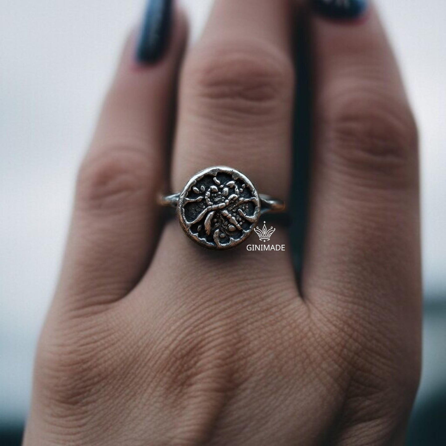 Unique Silver Ring – Handmade Rustic Botanical Ring – One of a Kind Oxidized Flower Ring – Artisan Round Nature Ring by Ginimade