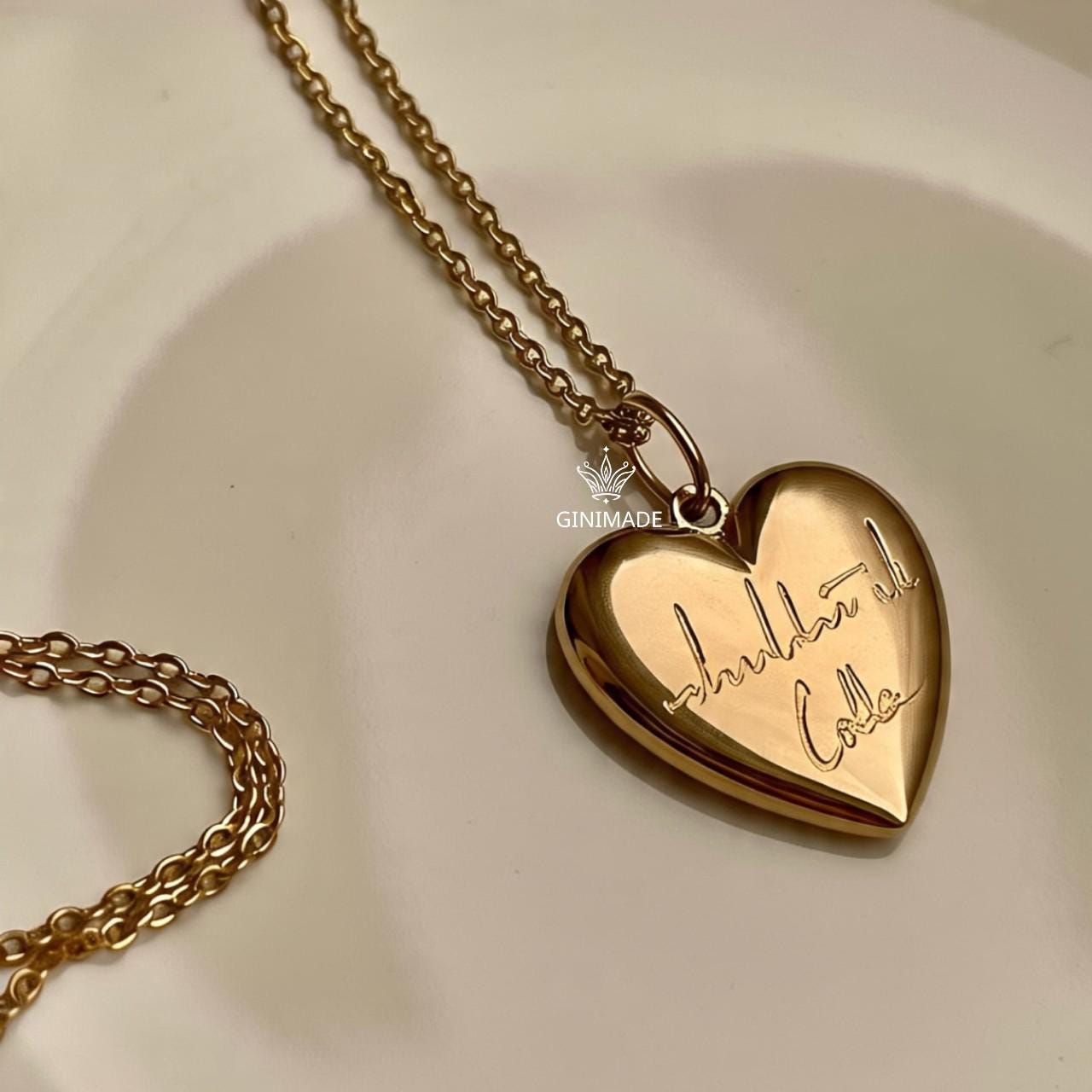 Custom Handwriting Heart Necklace • Memorial Signature Jewelry • Personalized Gold Engraved Necklace • Actual Handwriting Gift for Her