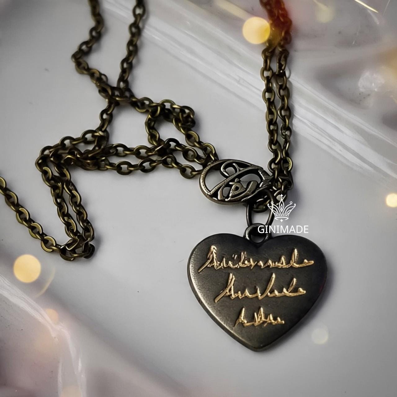 Custom Handwriting Heart Necklace – Black Oxidized Memorial Jewelry, Your Signature Engraved, Brass Heart Pendant –Personalized Couple Gift.