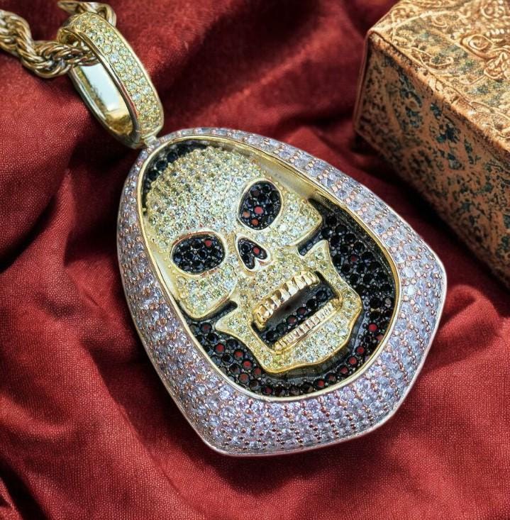 Luxury Iced Out Skeleton Pendant in 925 Silver with CZ Diamonds - Statement Jewelry Piece fathers day gift. Without chain.