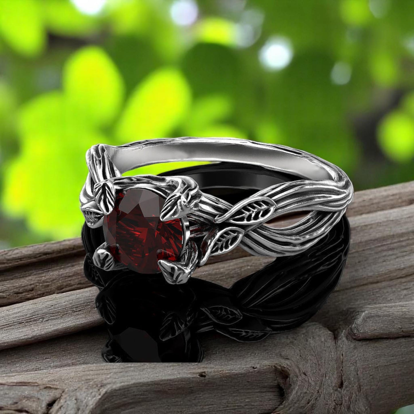 Hessonite Garnet Leaf Ring • 925 Sterling Silver Nature-Inspired Engagement Ring • Boho Woodland Gemstone Jewelry • Gothic Wedding Ring