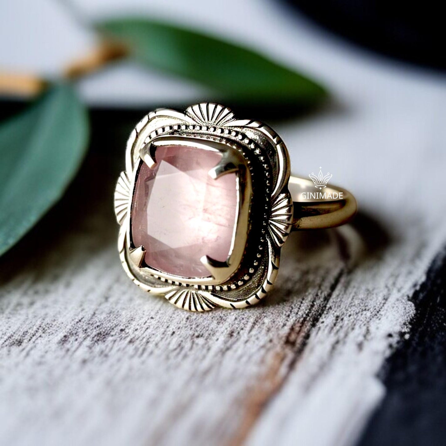 925 Sterling Silver Rose Quartz Ring • Boho Cushion Cut Pink Gem, Gift for Her