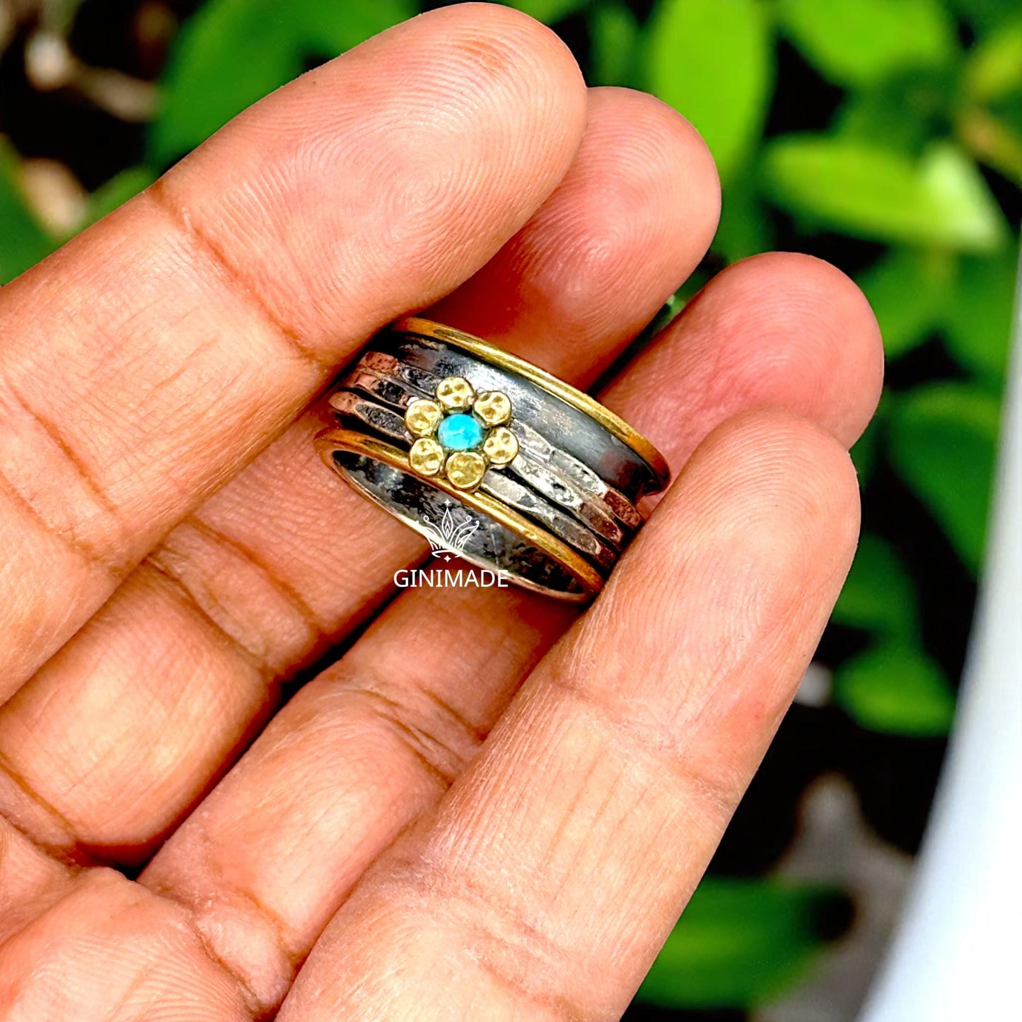 Handmade Mixed Metal Flower Ring | Sterling Silver & Brass Spinner Ring with Turquoise Stone | Boho Floral Statement Jewelry by GINIMADE