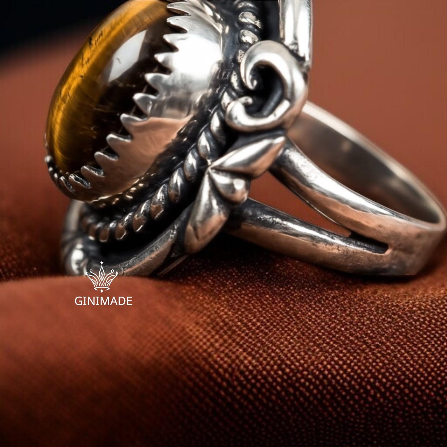 Tiger Eye Statement Ring – Bold Sterling Silver Gemstone Ring – Boho Vintage Tribal Jewelry – Handmade Ginimade Ring