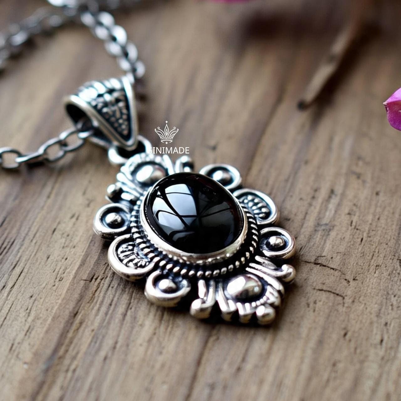 Handcrafted Black Onyx Pendant in Vintage Sterling Silver | Boho Gothic Oval Gemstone Necklace | Artisan Indian Jewelry Gift for Her